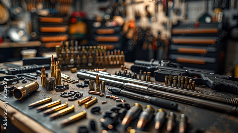 Naklejka premium A close-up of a gun cleaning kit laid out on a workbench, with detailed focus on the various tools and parts used for maintaining a firearm