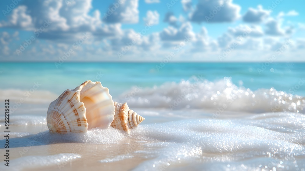 White seashell on sandy beach, turquoise ocean background, clear blue sky with fluffy clouds, shallow depth of field, macro photography, vibrant colors, summer vacation mood. White seashell on sandy beach, turquoise ocean background, clear blue sky with fluffy clouds, shallow depth of field, macro photography, vibrant colors, summer vacation mood.