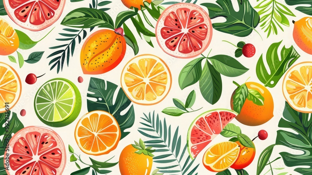 Fresh and bright seamless pattern of assorted fruits and leaves. Fresh and bright seamless pattern of assorted fruits and leaves.