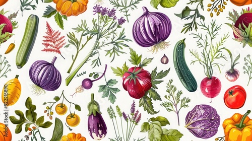 Fresh and exotic seamless pattern of assorted vegetables and herbs. photo