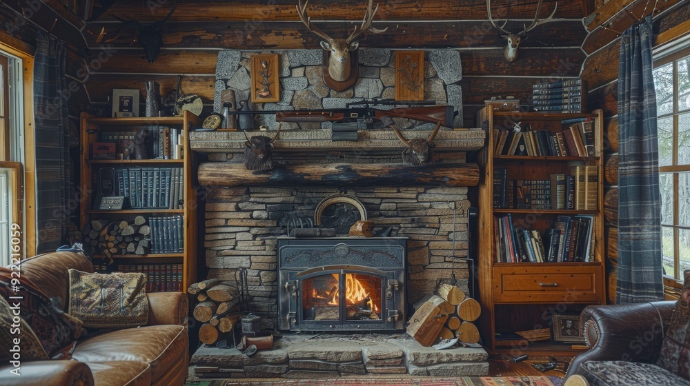 A serene image of a classic rifle mounted above a fireplace in a cozy cabin, surrounded by hunting trophies and rustic décor, conveying a sense of tradition and heritage A serene image of a classic rifle mounted above a fireplace in a cozy cabin, surrounded by hunting trophies and rustic décor, conveying a sense of tradition and heritage