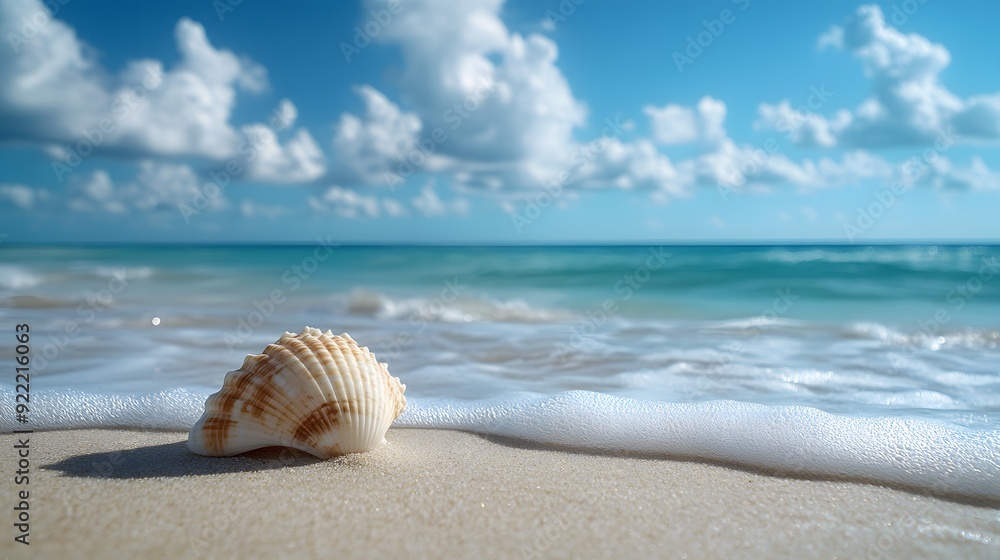 White seashell on sandy beach, turquoise ocean background, clear blue sky with fluffy clouds, shallow depth of field, macro photography, vibrant colors, summer vacation mood. White seashell on sandy beach, turquoise ocean background, clear blue sky with fluffy clouds, shallow depth of field, macro photography, vibrant colors, summer vacation mood.