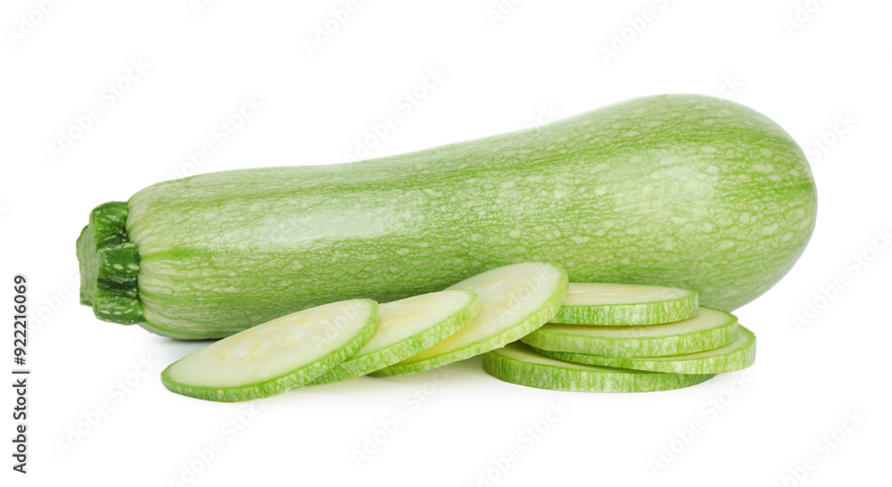 Fresh whole and cut zucchinis isolated on white Fresh whole and cut zucchinis isolated on white