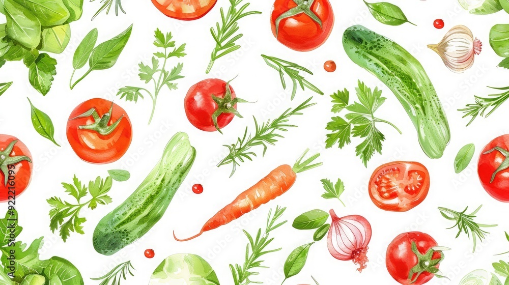 Fresh and healthy seamless pattern of mixed vegetables and herbs. Fresh and healthy seamless pattern of mixed vegetables and herbs.