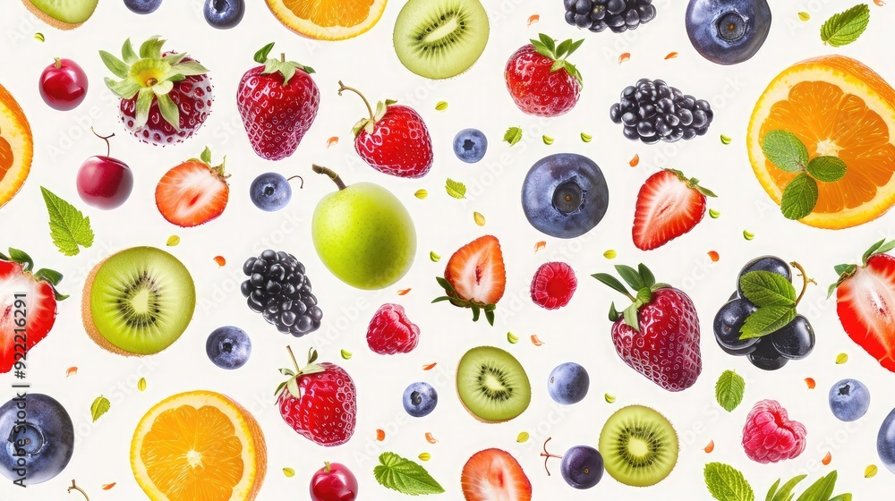 Fresh and juicy seamless pattern featuring assorted berries and fruits. Fresh and juicy seamless pattern featuring assorted berries and fruits.