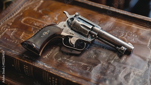 A high-resolution shot of a vintage revolver displayed on a leather-bound book, with classic, elegant lighting highlighting its historic significance