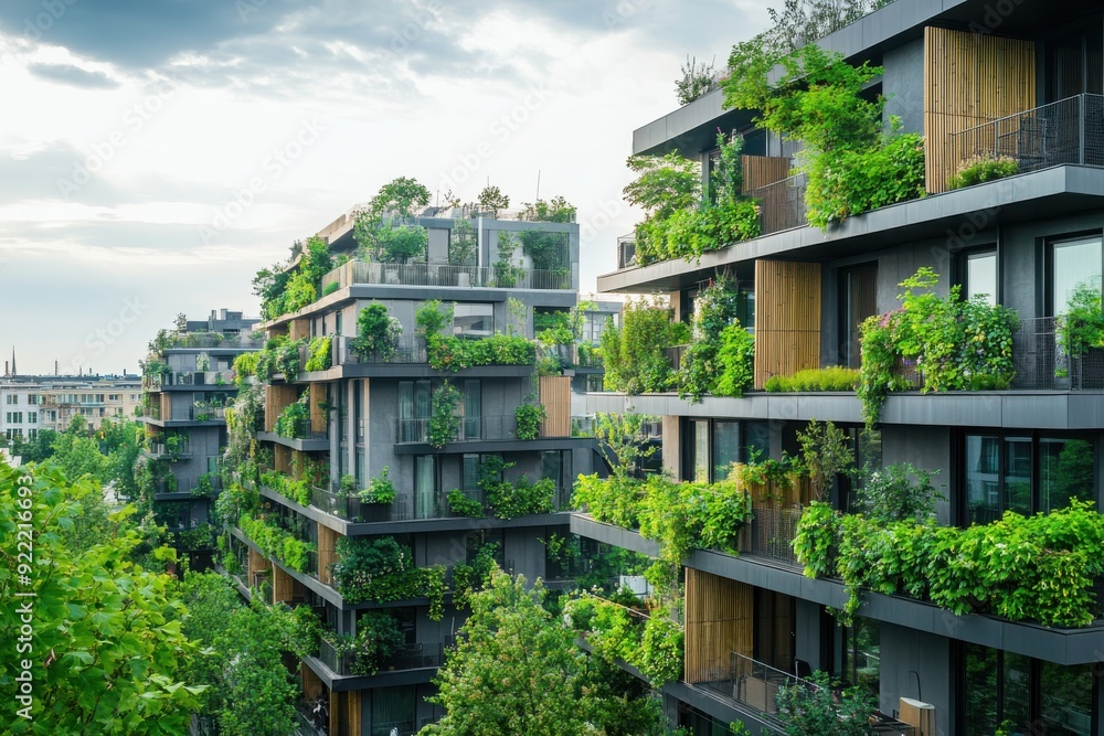 Modern green apartment building surrounded by lush greenery, showcasing sustainable architecture and urban living. Modern green apartment building surrounded by lush greenery, showcasing sustainable architecture and urban living.