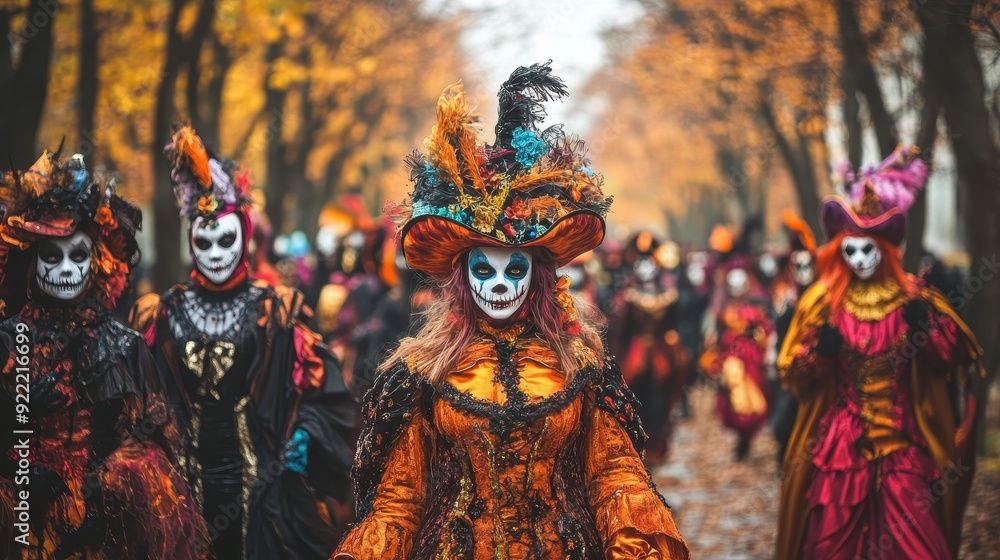 people dressed in various colorful Halloween costumes. Walking in a row during the daytime. people dressed in various colorful Halloween costumes. Walking in a row during the daytime.
