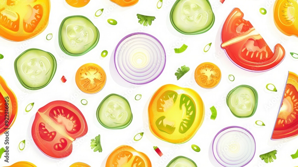 Fun and colorful seamless pattern of different vegetable slices. Fun and colorful seamless pattern of different vegetable slices.