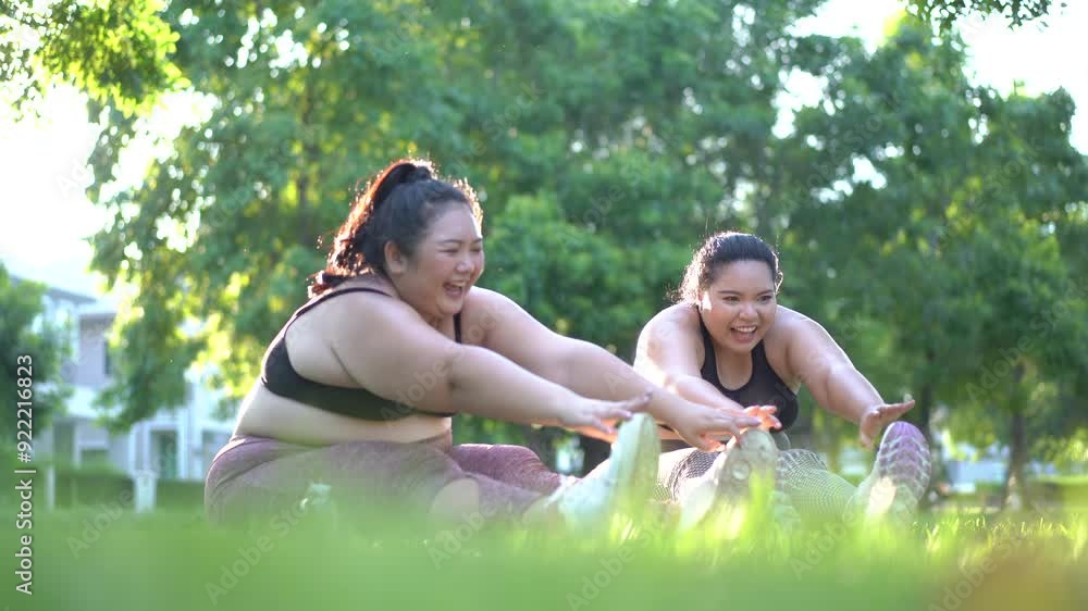 Oversized fat Asian women having an exercise at the park together, fat women help or support her friend to exercise. Oversized fat Asian women having an exercise at the park together, fat women help or support her friend to exercise.