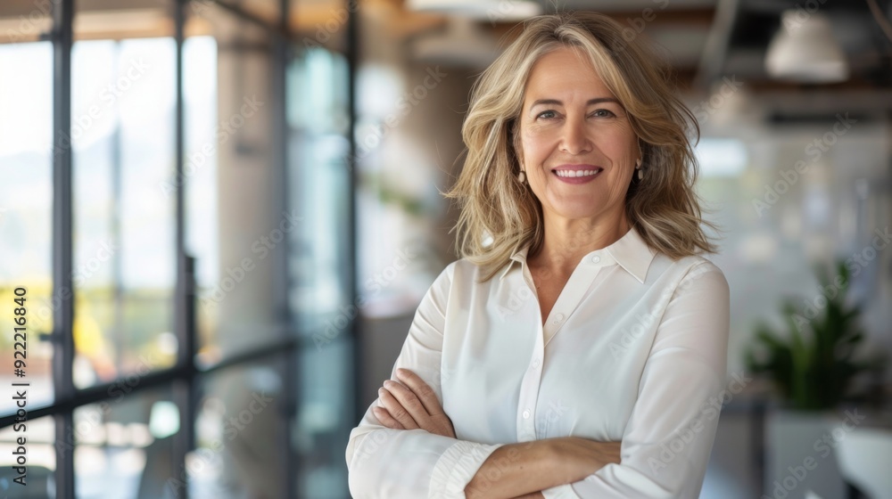 Confident businesswoman with crossed arms smiling in modern office, facing camera, embodying success in professional attire with sleek hairstyle. Confident businesswoman with crossed arms smiling in modern office, facing camera, embodying success in professional attire with sleek hairstyle.
