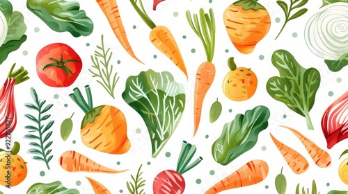 Garden paradise seamless pattern with leafy greens and root vegetables.