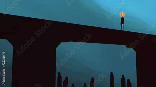 Eerie Encounter at Haunted Bridge - Spooky Halloween Scene with Ghostly Figures and Startled Person in Whimsical Style photo