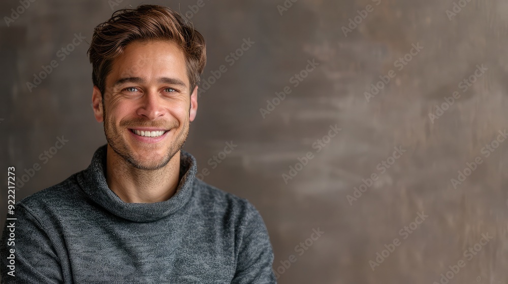 Handsome man with a charming smile, exuding confidence. Copy space available on the left side. Handsome man with a charming smile, exuding confidence. Copy space available on the left side.
