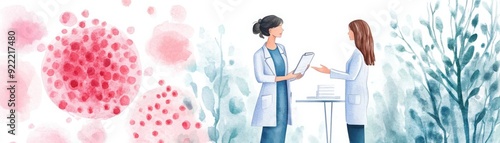 Two female scientists engaged in a discussion, surrounded by abstract cells, symbolizing collaboration in medical research.