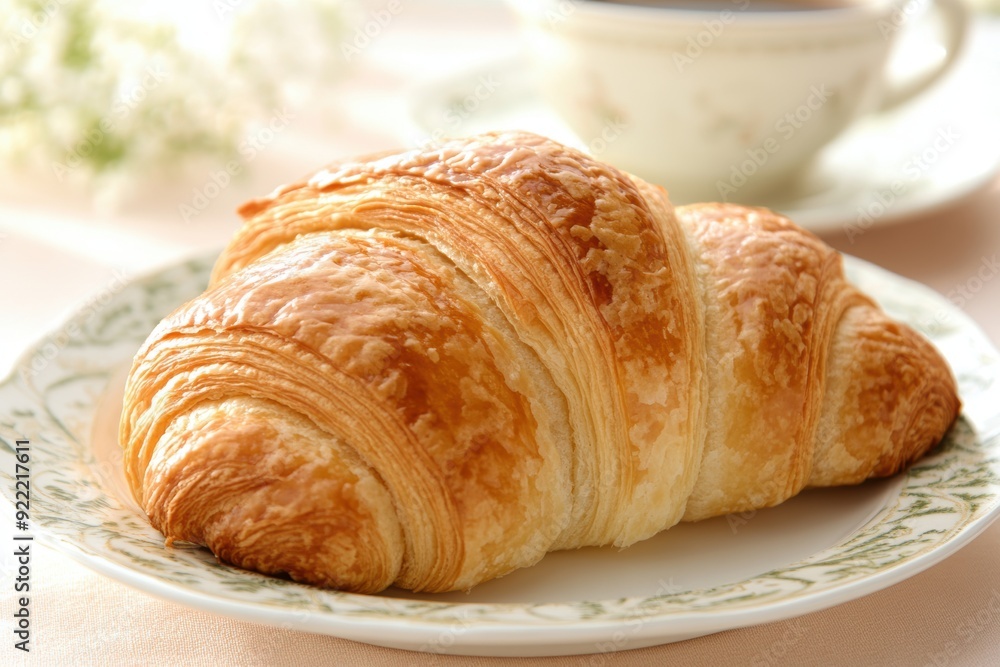 Freshly baked croissant on elegant plate with coffee background Freshly baked croissant on elegant plate with coffee background