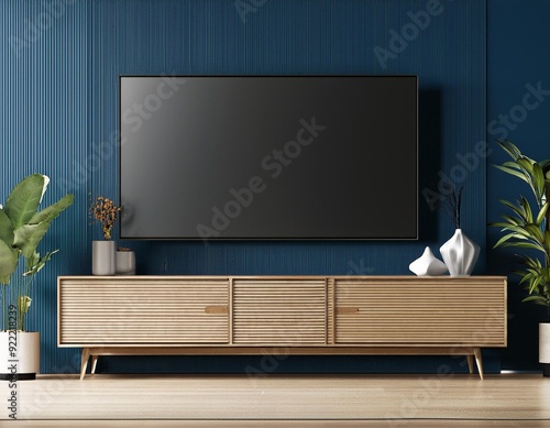 Modern mockup televion tv hanging on the dark blue wall background wtih wooden cabinet in living room. Interior architecture and entertainment concept. 3D illustration rendering photo