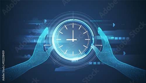 Futuristic time clock hand and clock face digital transformation abstract technology background. Business growth currency stock timer and investment economy.  illustration photo