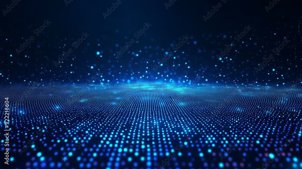 Futuristic 3D abstract glowing blue dots wave pattern with particles data science cyber security technology concept
Futuristic 3D abstract glowing blue dots wave pattern with particles data science cyber security technology concept