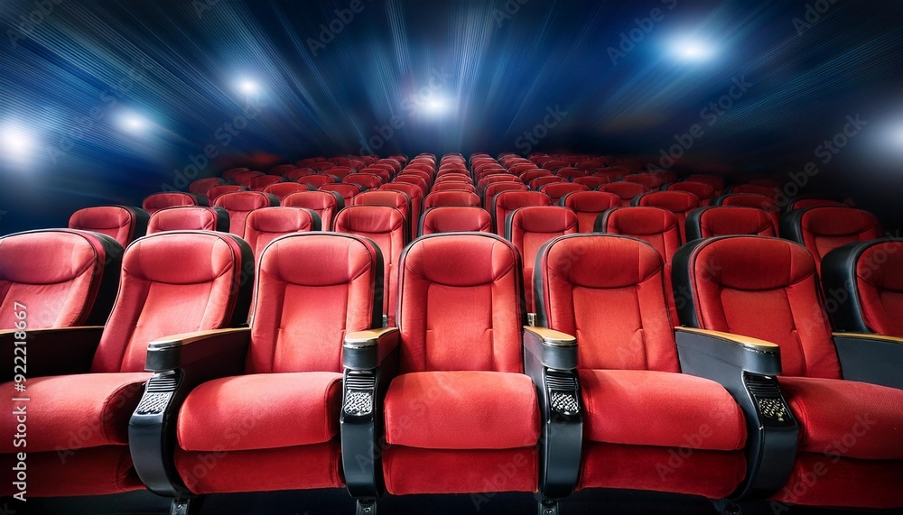 Obraz premium Red velvet movie theatre cinema seat chairs with dolly motion camera movement background. Art and entertainment concept.