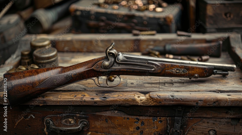 An atmospheric image of a historical musket displayed in a period-accurate setting, with a focus on the craftsmanship and historical significance of the firearm An atmospheric image of a historical musket displayed in a period-accurate setting, with a focus on the craftsmanship and historical significance of the firearm