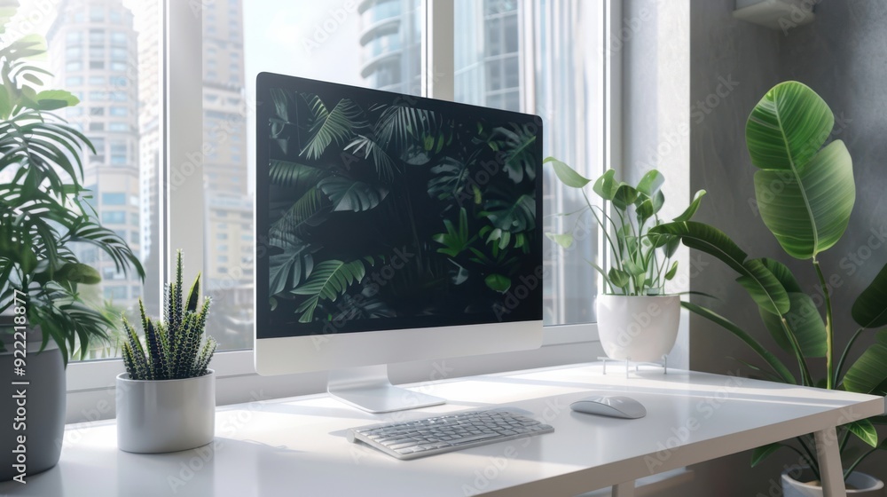 Modern Home Office Desk with Computer and Plants Modern Home Office Desk with Computer and Plants