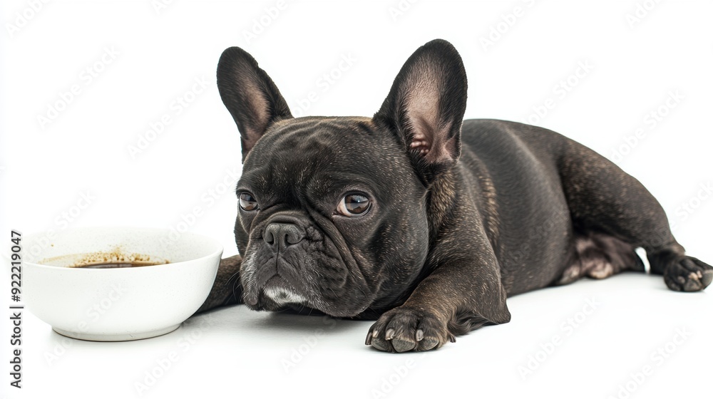 Hungry french bulldog laying to empty bowl Hungry french bulldog laying to empty bowl