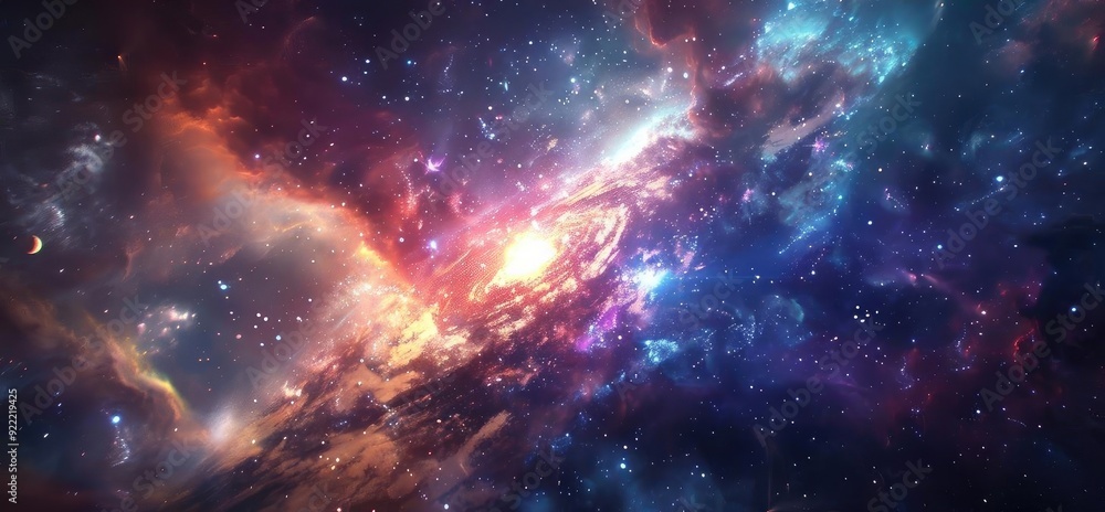 Naklejka premium A breathtaking view of a vibrant galaxy filled with stars, nebulae, and cosmic dust, showcasing the beauty of the universe.