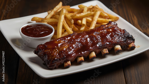 Smoked pork ribs with barbecue sauce and french fries