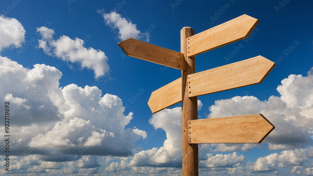 Wooden signpost with multiple arrows against a vibrant blue sky with scattered white clouds. Wooden signpost with multiple arrows against a vibrant blue sky with scattered white clouds.