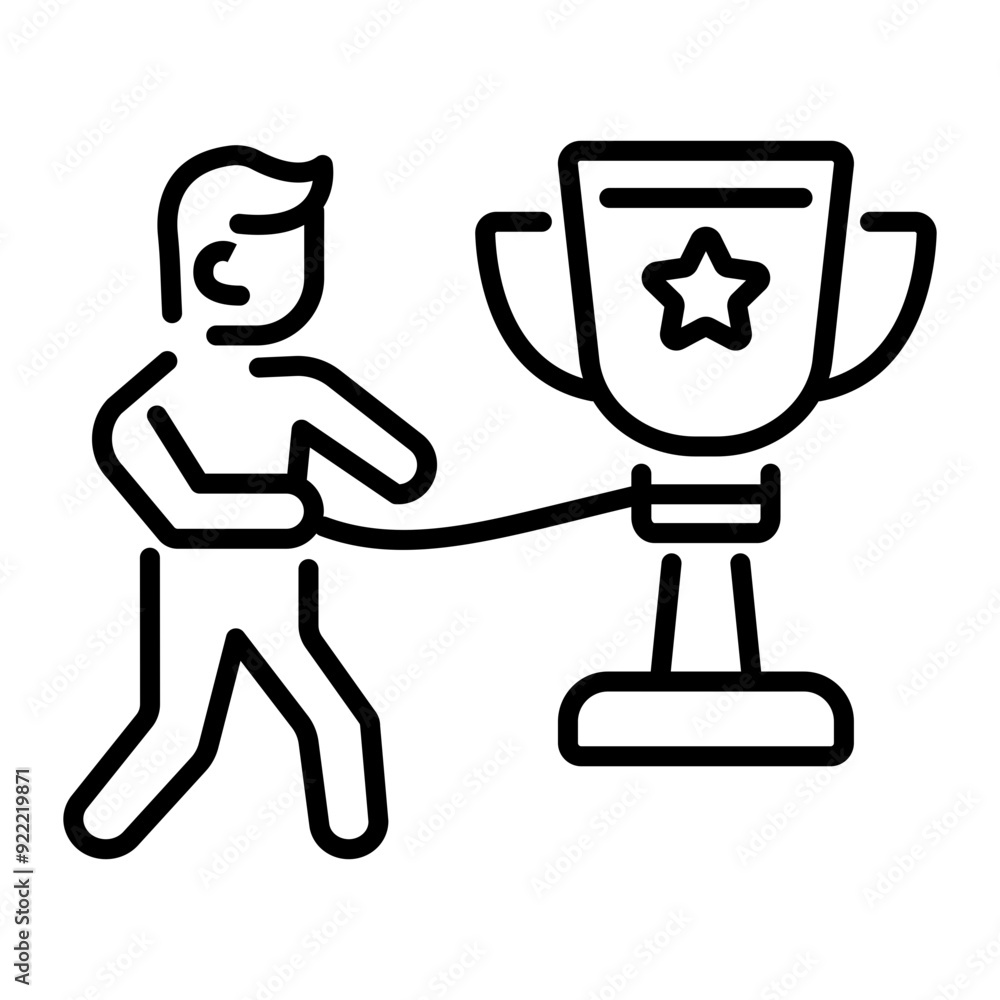 A man achieving trophy, line icon A man achieving trophy, line icon