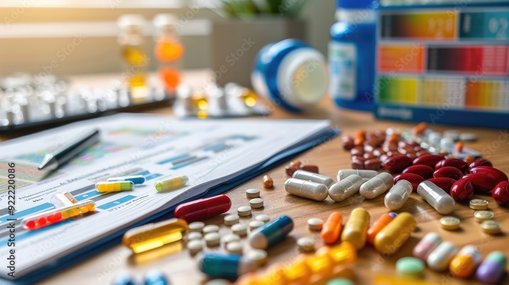 Close-up of a sports nutritionist's desk with dietary supplements and nutrition plans, illustrating a job in sports nutrition Close-up of a sports nutritionist's desk with dietary supplements and nutrition plans, illustrating a job in sports nutrition