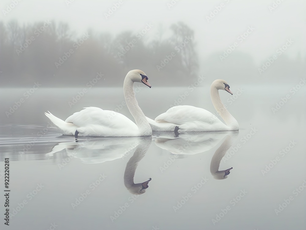 Fototapeta premium Two swans gliding through a foggy lake at dawn with reflections on the water