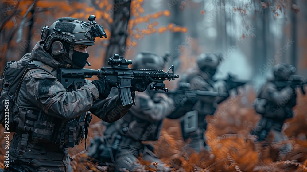 An action shot of a tactical team using firearms in a simulated combat scenario, with a focus on the teamwork and high-tech equipment involved in the exercise An action shot of a tactical team using firearms in a simulated combat scenario, with a focus on the teamwork and high-tech equipment involved in the exercise