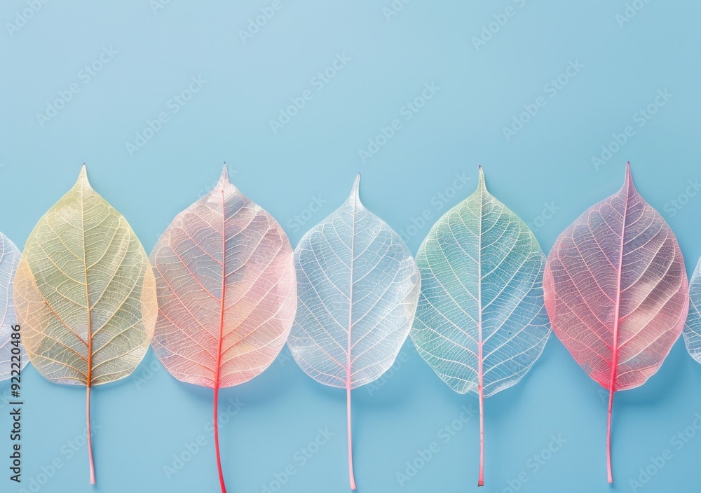 Delicate pastel leaves arranged in a line on a soft blue background, showcasing a variety of colors and transparencies in nature s beauty Delicate pastel leaves arranged in a line on a soft blue background, showcasing a variety of colors and transparencies in nature s beauty