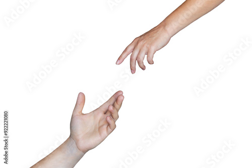 Female and male hands reaching toward each other extending a helping hand isolated on a white background. Handover photo