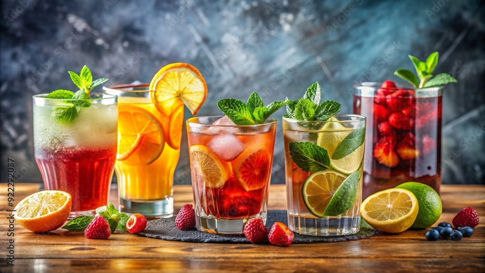 A trendy background of assorted drinks in 2024, cocktails, beverages, mixology, trendy, variety, colorful, refreshing A trendy background of assorted drinks in 2024, cocktails, beverages, mixology, trendy, variety, colorful, refreshing