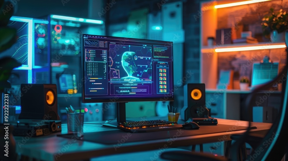 Computer on a desk with a internet business technology concept background, generative AI Computer on a desk with a internet business technology concept background, generative AI
