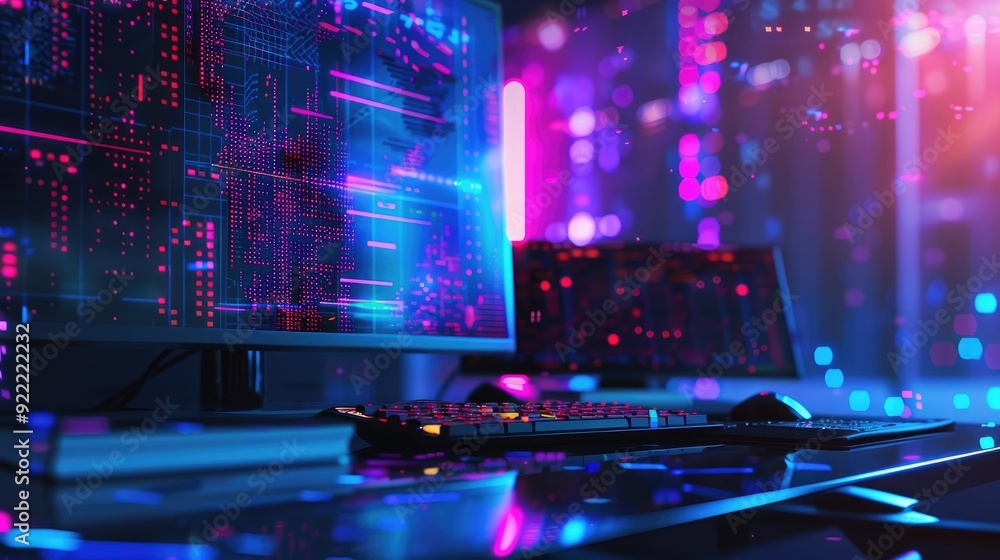 Computer on a desk with a internet business technology concept background, generative AI Computer on a desk with a internet business technology concept background, generative AI