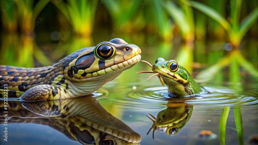 Fototapeta premium Snake hunting a frog in a swamp, snake, frog, hunt, predator, prey, reptile, amphibian, wildlife, nature, camouflage, danger