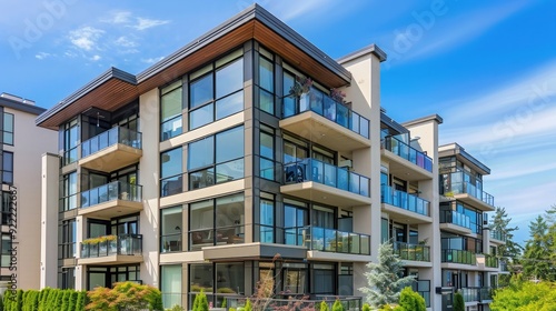 contemporary apartment building exterior with glass balconies an large windows with decorative elements.