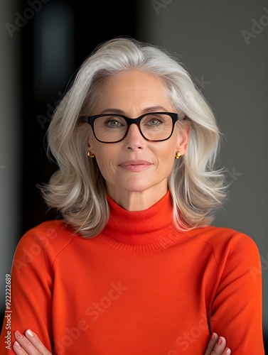 A self-assured woman in her sixties sporting thick-rimmed glasses. Bold and striking, the frames make a big fashion statement.