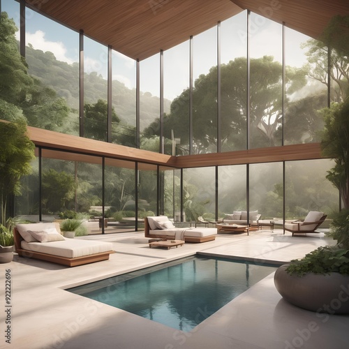 Minimalist Interior Featuring Swimming Pool and Lounge Chairs with Forest View