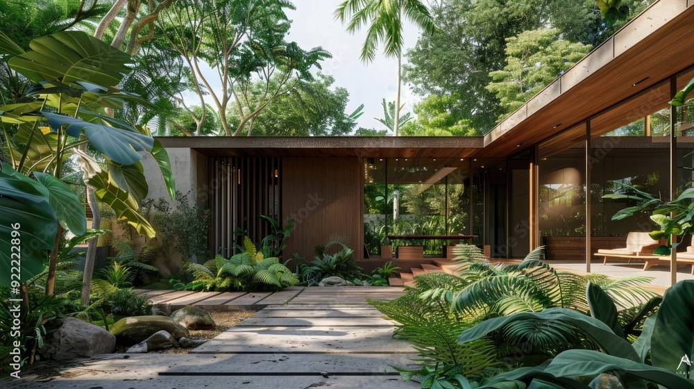 Contemporary villa with wood and concrete in a lush tropical garden, generative ai Contemporary villa with wood and concrete in a lush tropical garden, generative ai