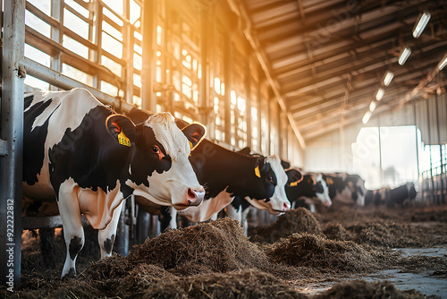 Cows holstein eating hay in cowshed on dairy farm with sunlight in barn. Banner modern meat and milk production of livestock industry.