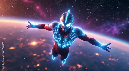 Ultraman Flying through Space with Planet in Background photo