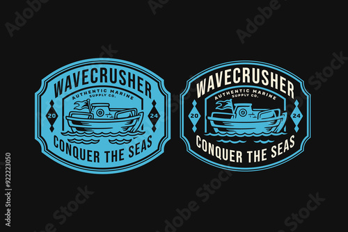 navy ship with sea waves retro badge logo design for sailors, cruises and adventure. nautical sailing boat or yachting with sea waves vintage emblem logo collection for shipping company business