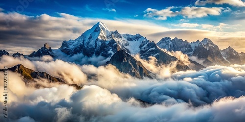 Majestic mountains surrounded by fluffy white clouds , nature, landscape, beauty, sky, peak, scenic, outdoor, view