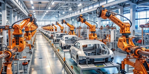 Robotic arms and vehicles working on assembly line in car factory, robotic arms, assembly line