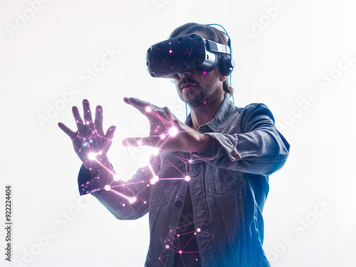Man Using Virtual Reality Headset with Digital Interface